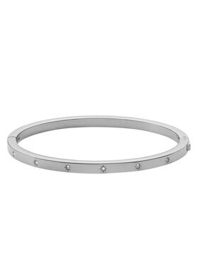 FOSSIL Stainless Steel Rhinestone Bangle Bracelet Oval Shape Clasp Silver Toned